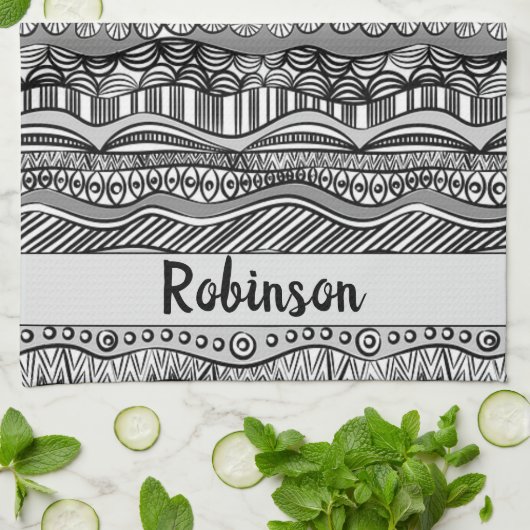 Linge De Cuisine Impression trionale noir et blanc Boho (Plié)