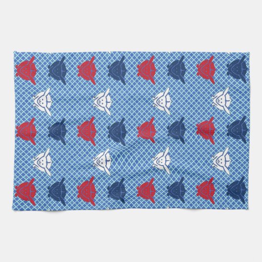 Linge De Cuisine imprimé lapin japonais, bleu avec rouge et blanc (Horizontal)