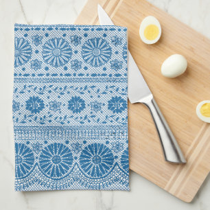 Linge De Cuisine Indigo Blue Floral Faux Lace Motif à Customiser