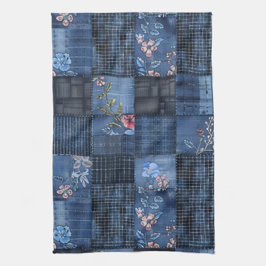 Linge De Cuisine Indigo Floral Patchwork Motif | Boho Denim (Vertical)