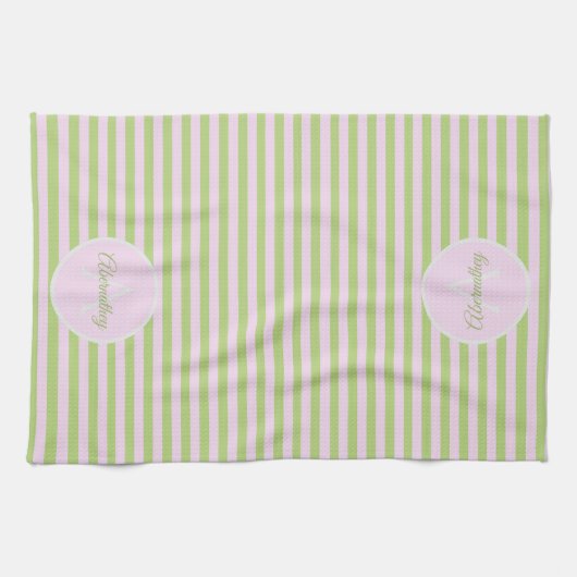 Linge De Cuisine Initial Monogram & Name Pastel Pink Green Striped (Horizontal)