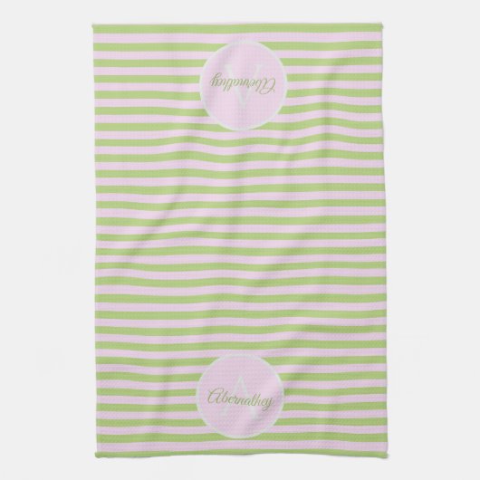 Linge De Cuisine Initial Monogram & Name Pastel Pink Green Striped (Vertical)