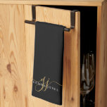 Linge De Cuisine Initiales de script or Monogramme minimaliste noir<br><div class="desc">Un chic monogramme blanc doré chic et moderne sur la serviette de cuisine noire,  avec un script initial dramatique avec des swashes et votre nom complet dans un type serif moderne,  postez-le des notes. Une élégance simple.</div>