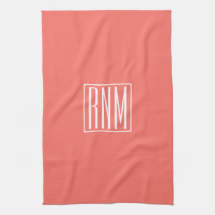 Linge De Cuisine Initiales Monogramme Blanc Sur Corail