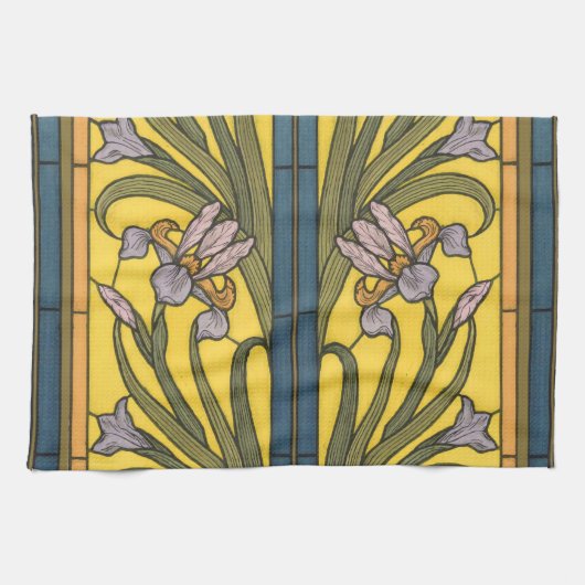 Linge De Cuisine Iris Fleur Art Nouveau Vitrail Bleu Or (Horizontal)