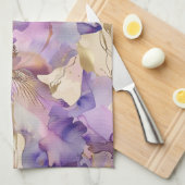 Linge De Cuisine Iris Floral Abstrait Or Blanc Violet (Quart Plié)