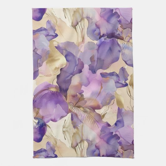 Linge De Cuisine Iris Floral Abstrait Or Blanc Violet (Vertical)