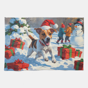 Linge De Cuisine Jack Russell courant dans la neige avec un chapeau