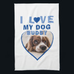 Linge De Cuisine J'aime mon chien Blue Heart Photo Nom de l'animal<br><div class="desc">J'adore mon chien Blue Heart Photo Pet Nom de la serviette de cuisine. Une photo d'animal de compagnie en forme de coeur. Ajoutez votre photo et votre nom.</div>