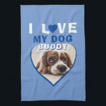 Linge De Cuisine J'aime mon chien Blue Heart Photo Nom de l'animal<br><div class="desc">J'adore mon chien Blue Heart Photo Pet Nom de la serviette de cuisine. Une photo d'animal de compagnie en forme de coeur. Ajoutez votre photo et votre nom.</div>