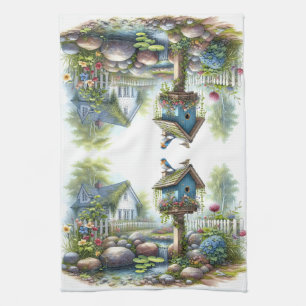 Linge De Cuisine Jardin de maisonnette à l'aquarelle avec nichoir à