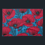 Linge De Cuisine Jardin de pavot rouge sur bleu<br><div class="desc">Motif vectoriel fait de pavots dessinés à la main.</div>