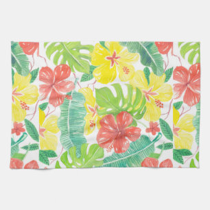 Linge De Cuisine Jardin tropical, plumeria hibiscus et feuilles de