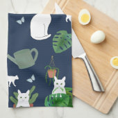 Linge De Cuisine Jardinage Chats Blanc Kitty Plantes Blue Tea Towne (Quart Plié)