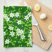 Linge De Cuisine Jasmin Blanc Parmi Les Feuilles Verts (Quart Plié)