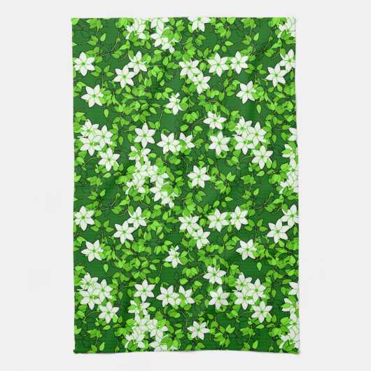Linge De Cuisine Jasmin Blanc Parmi Les Feuilles Verts (Vertical)