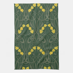 Linge De Cuisine Jaune Art Nouveau Jonquilles et Tiges Vertes