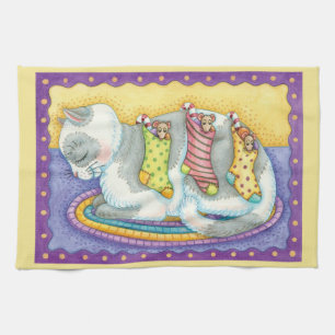 Linge De Cuisine Joli chat de Noël dormant avec des souris dans des
