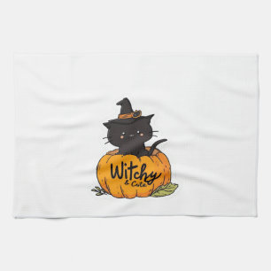 Linge De Cuisine Joli chat noir dans un citrouille avec un chapeau