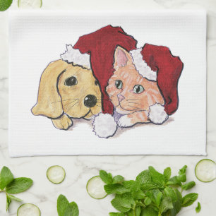 Linge De Cuisine Joli chiot Labrador de Noël et chat tigré orange