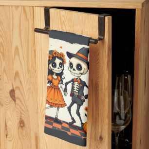 Linge De Cuisine Joli couple de squelettes d'Halloween en orange
