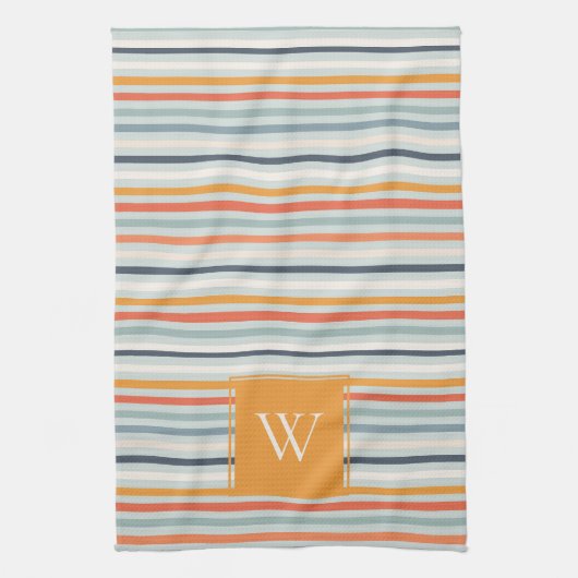 Linge De Cuisine Joli Dusky Orange Bleu Motif rayé Monogramme (Vertical)