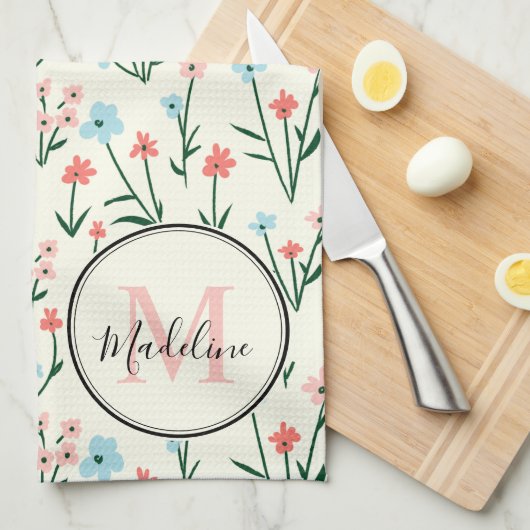 Linge De Cuisine Joli Fleur d'ivoire blanc Élégant Monogramme rose (Quart Plié)