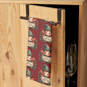 Linge De Cuisine Joli Lutin de Noël Tenant un Panneau Joyeux Rouge
