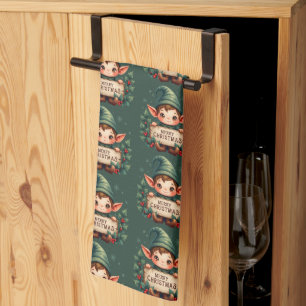 Linge De Cuisine Joli Lutin de Noël Tenant un Panneau Joyeux Vert
