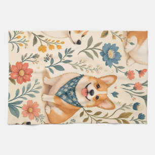 Linge De Cuisine Joli motif de jardin floral avec Corgi
