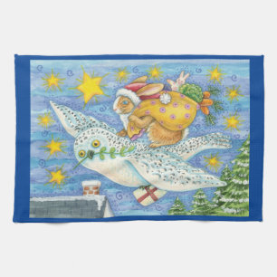 Linge De Cuisine Joli Noël avec un lapin en Père Noël sur un hibou