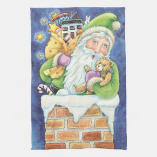 Linge De Cuisine Joli Noël, Père Noël dans la cheminée avec des jou