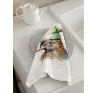 Linge De Cuisine Joli oiseau Kiwi avec un chapeau d'elfe de Noël, p