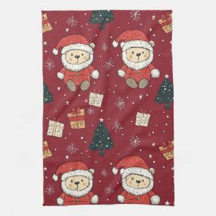 Linge De Cuisine Joli ours en peluche & Père Noël sur fond rouge (1
