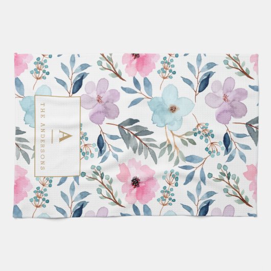 Linge De Cuisine Joli Pastel Blue Aquarelle Fleurs Monogramme  (Horizontal)