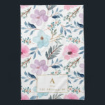 Linge De Cuisine Joli Pastel Blue Aquarelle Fleurs Monogramme<br><div class="desc">Cute Pastel Bleu clair et Rose Aquarelle Fleurs Motif Serviette de cuisine</div>