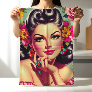 Linge De Cuisine Joli portrait pin-up floral rétro