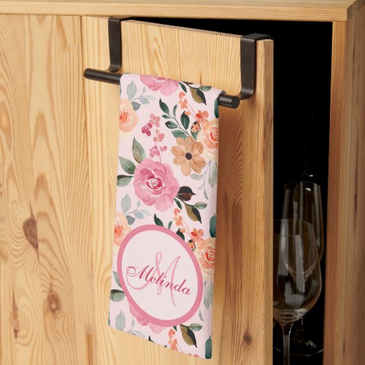 Linge De Cuisine Joli Rose, Orange Tan Floral Monogramme (Pliage en tiers)