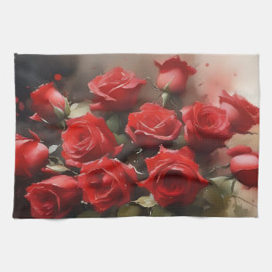 Linge De Cuisine Joli roses rouge vif jardin aquarelle peinture