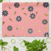 Linge De Cuisine Jolie Marine Bleu Fleurs et Feuilles Rose (Plié)