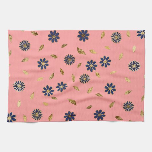 Linge De Cuisine Jolie Marine Bleu Fleurs et Feuilles Rose (Horizontal)