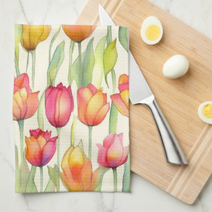 LINGE DE CUISINE JOLIE ROSE D'EAU ET TULIPS FLEURIS ORANGE