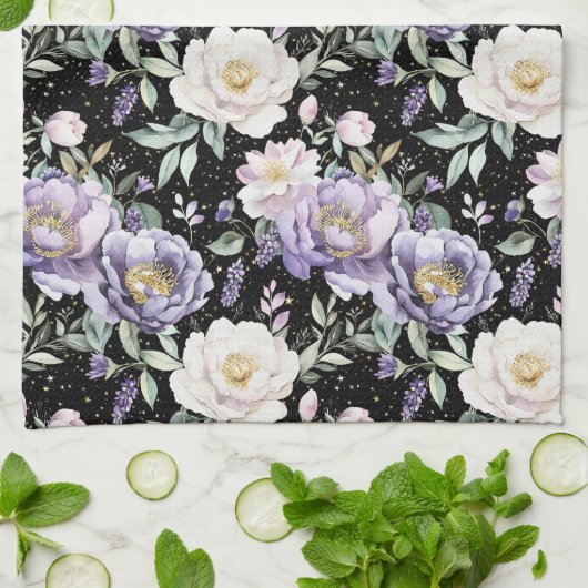 Linge De Cuisine Jolies Fleurs Blanches Violettes (Plié)