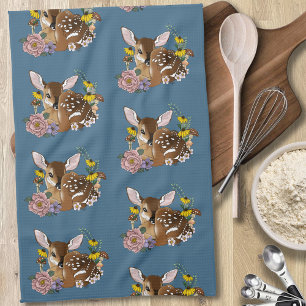 Linge De Cuisine Jolies Fleurs Sauvages Faon Bleu Bébé Cerf Forêt