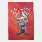 Linge De Cuisine Jolis Renne Noël sur Fond Rouge (Vertical)