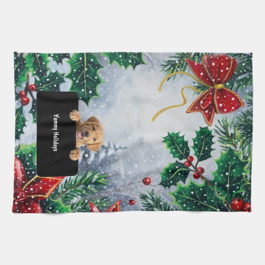 Linge De Cuisine Joyeuses Fêtes Chiot Mignon (Horizontal)