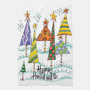Linge De Cuisine Joyeuses fêtes ! De beaux arbres de Noël aux étoil