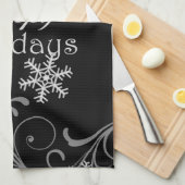 Linge De Cuisine Joyeuses fêtes de neige blanches sur noir (Quart Plié)