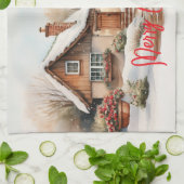 Linge De Cuisine Joyeux Cabine de Noël dans un paysage enneigé (Plié)