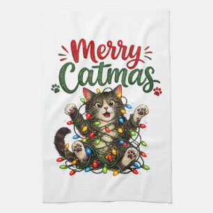 Linge De Cuisine Joyeux Catmas Drôle Chat Lumières de l'Arbre de No